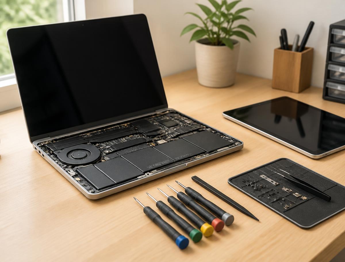 Werkbank mit geöffnetem Laptop, Tablet und Präzisionswerkzeug